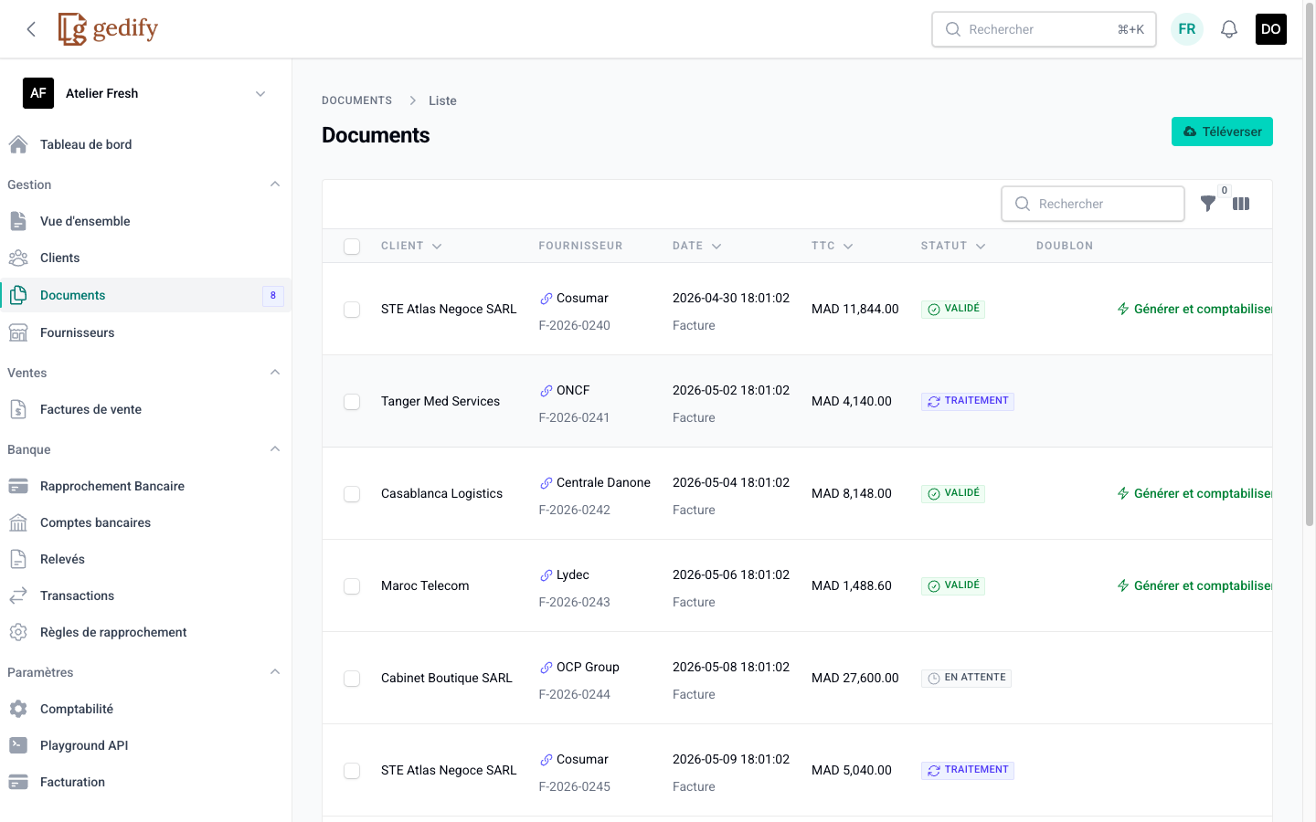 Vue de la liste des documents dans le cabinet Gedify